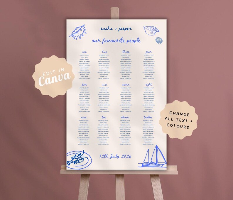 WEDDING SEATING CHART Template Sign Hand Drawn Beach Ocean Sea Seaside