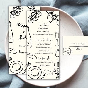 Menü + Tischkarten-Vorlage | Doppelseitig | Französisch inspirierte Hand gezeichnet Hochzeit Urlaub Mediterran Spaß Menü Skurril Verlobung Event 16