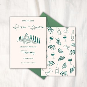 SAVE THE DATE Template Invitation | Mediterranean Tuscan Tuscany Italy Inspired Winery Wedding | Destination Wedding hand drawn invite