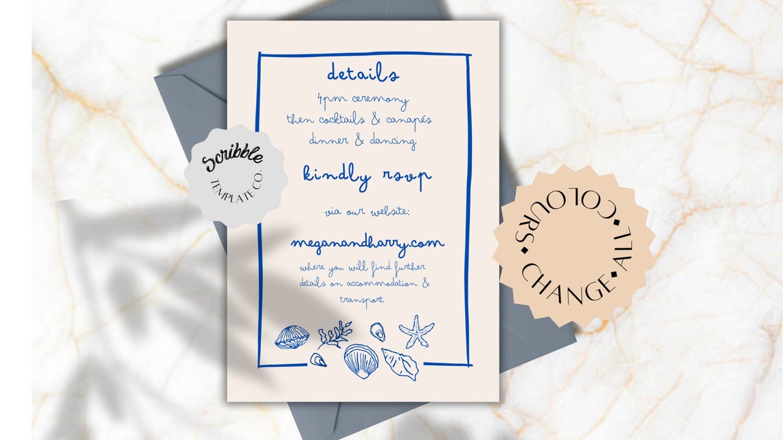 WEDDING INVITATION SET Wedding Hand Drawn Invite Template Sea Seaside ...