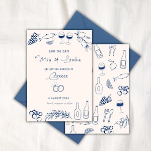 SAVE THE DATE Vorlage Einladung | Doppelseitig griechisch Griechenland Mittelmeer inspiriert Hochzeit | Bestimmungsort Hochzeit handgezeichnete laden ein 46