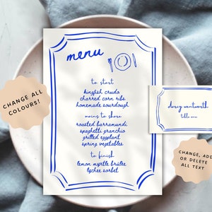 Menü + Tischkarten-Vorlage | Funky handgezeichnete illustrierte Bordüre | skurriles Menü Verlobung Event Dinner Party blau 18