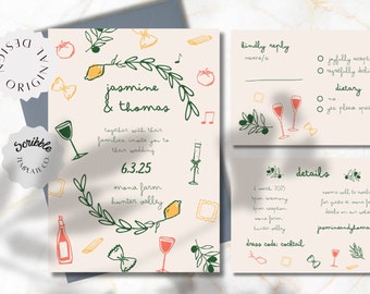 WEDDING INVITATION SET | Wedding Hand Drawn Invite Template | Italian Tuscan Vineyard | Fun Cute | Wine Pasta Olives Vine | Whimsical Winery