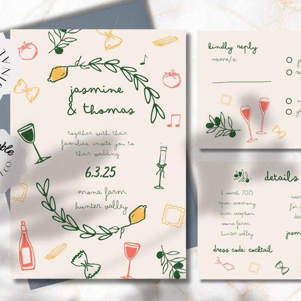 WEDDING INVITATION SET | Wedding Hand Drawn Invite Template | Italian Tuscan Vineyard | Fun Cute Wine Pasta Olives Vine Whimsical Winery 03