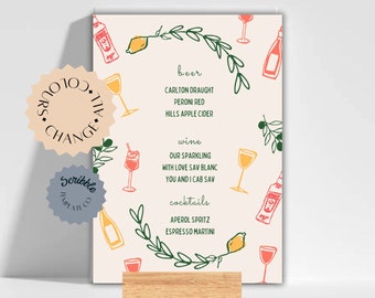 DRINKS BAR SIGN Template | Red Green Tuscan Tuscany Italian Themed Aperol Spritz Wine Beer Engagement Wedding | Bar Menu Drinks Menu