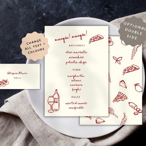 Menü + Tischkarten-Vorlage | Pizza-Party-Menü | Handschriftliche Schriftart handgezeichnet italienisch, mediterran inspirierte Bilder Hochzeit Dinner Party Menü