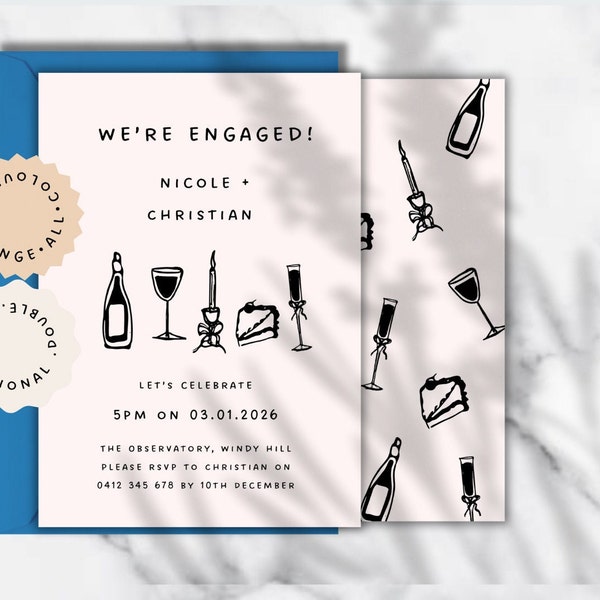 ENGAGEMENT PARTY INVITATION Double Sided Template | Hand Drawn Black and White Cheers Cake Wine Champagne Cheers Scribble Invite Template 01