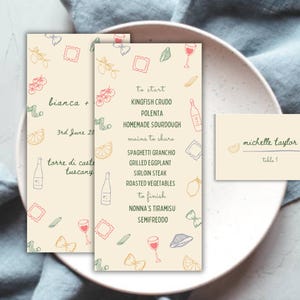 Menu + modèle de marque-place | Double face | Cartes de visite dessinées à la main pour mariage à destination de la Méditerranée italienne, Toscane, événement de fiançailles 13
