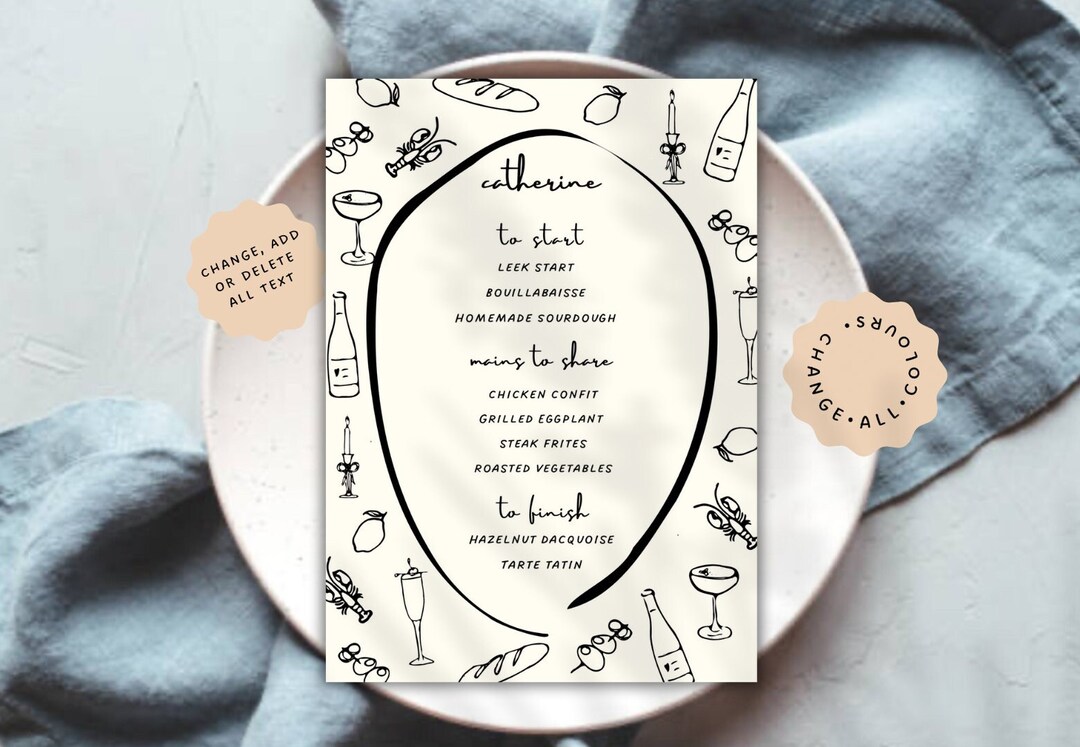 Personalised Menu Template | French Mediterranean Inspired Hand Drawn ...