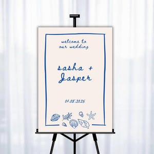 Modello di cartello di benvenuto per matrimonio / Disegnato a mano Oceano Costiera Spiaggia Isola Mare Mare Nautico Conchiglie matrimonio / Cartello di fidanzamento / Cartello evento 02