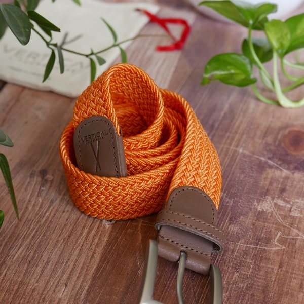 Ceinture tressée élastique orange, cuir véritable, taille unique, fabrication française