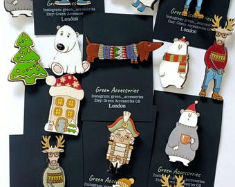 Handcrafted Wooden Christmas Brooches, Festive Holiday Pins