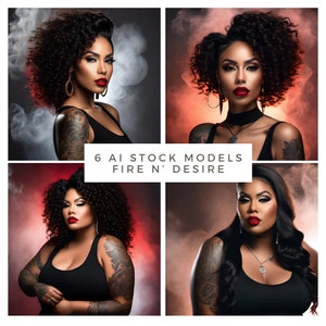 May include: A collage of four images featuring women with dark hair and tattoos, wearing black tank tops against a red and smoke background. The text "6 AI STOCK MODELS FIRE N' DESIRE" is displayed in the center of the collage.