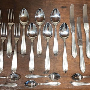Può includere: Un set di posate color argento composto da sei forchette, sei cucchiai, sei coltelli da tavola e quattro cucchiaini. Ogni pezzo presenta una finitura metallica lucida con un design del manico sottile e bordi arrotondati.