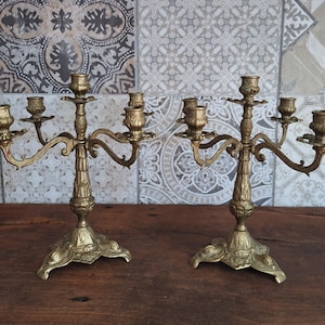 Pair of richly decorated vintage candle holders made of gilded pewter - old candelabra - candlestick - antique Art Nouveau - adjustable arms