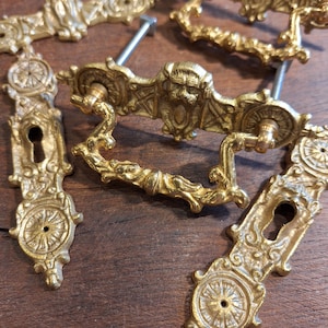 Könnte beinhalten: Verziertes, goldfarbenes Möbelbeschläge, einschließlich Griffe und Schlüssellochplatten. Die Beschläge weisen detaillierte Reliefdesigns mit floralen und architektonischen Motiven auf. Die Teile sind auf einer dunklen Holzoberfläche angeordnet.