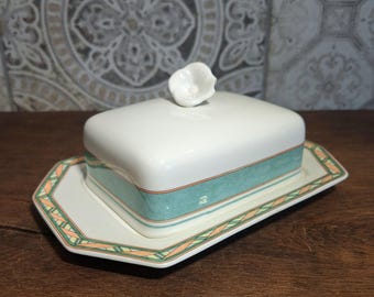 Porseleinen botervloot Villeroy & Boch "Peppermint" - botervloot met deksel - boterbord - boterbakje - jaren 90 - vintage