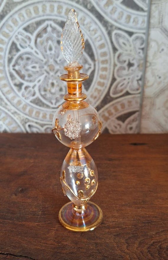 Large Vintage Egyptian Glass Bottle Gold-plated With Etched
