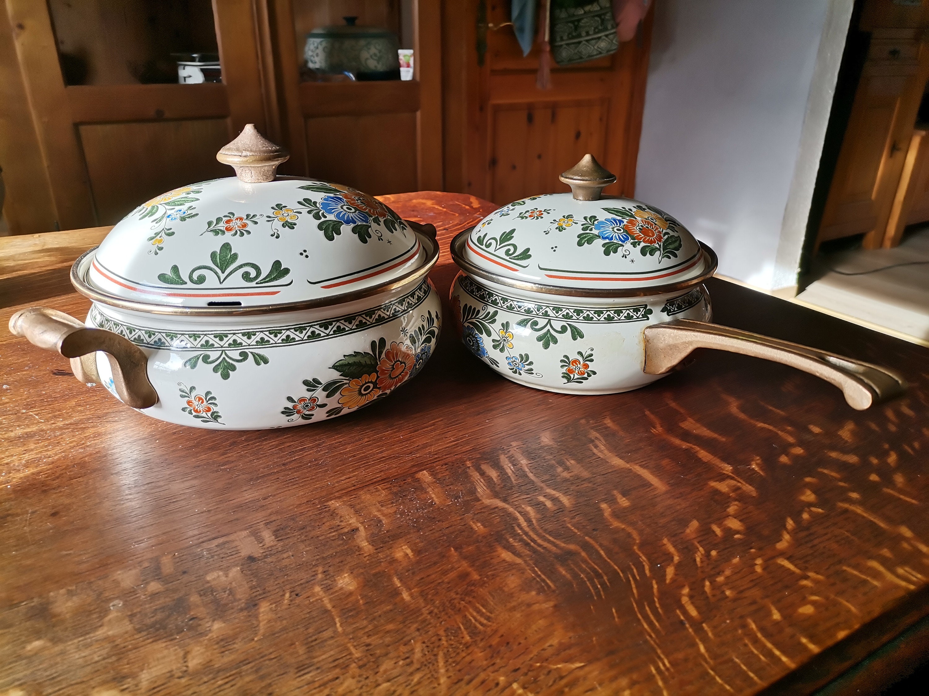 2er Set Vintage Emaille Kochtopf - Bratentopf - Stiel Kasserolle - Fissler Asta Serie Alt Amsterdam Villeroy und Boch