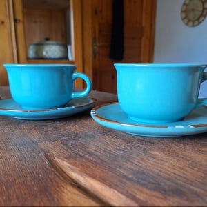 Zestaw 2 zabytkowych filiżanek do kawy + spodki - filiżanka do cappuccino - filiżanka do herbaty - Dansk International - lata 90. - turkusowy - ceramiczny