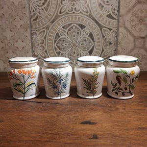 Vintage Gewürzdosen + Deckel Set v. 4 - Herr Fayence alte Vorratsdosen - Kräuterdose - Apothekergefäß - Keramik - Landhaus Deko - 70er 80er