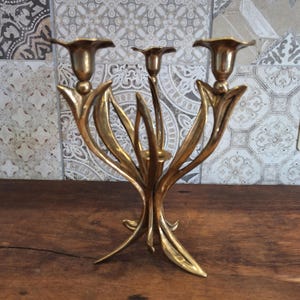 Mid-century Art Nouveau / Brustalist candle holder - solid brass - vintage candlestick antique style - 4 flames - 1960s