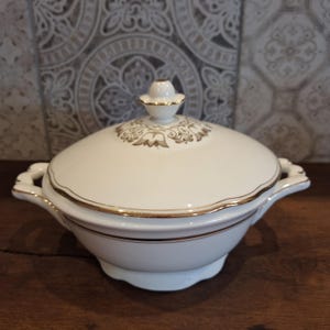 Charming old porcelain terrine - Art Nouveau vegetable terrine - antique soup terrine - with flower handle, gold painting and gold rim - around 1900