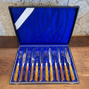 Può includere: Un set di dodici coltelli e forchette argentati con manici in corno marrone, disposti in una scatola di legno foderata in velluto blu.