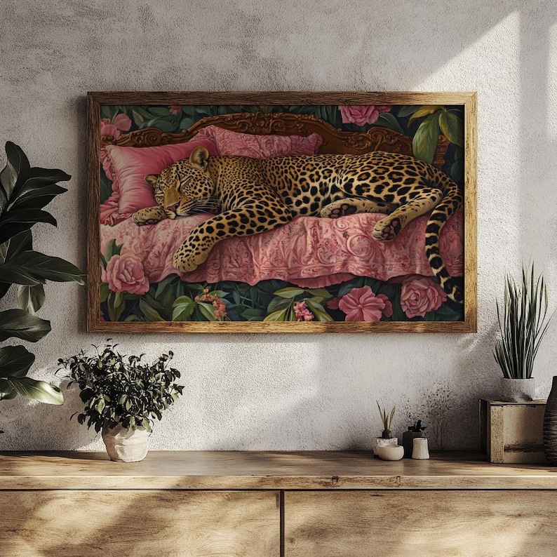 Sleeping Leopard Wall Art, Leopard Poster, Maximalist Wall Art, Colorful Leopard Print, Vintage Oil Painting, Aesthetic Wall Art, Dorm Decor image 4