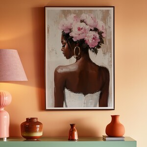 Black Woman Wall Art Print | Floral Portrait Poster | Pink Peony Crown Painting | Feminine Neutral Decor | Modern Afrocentric Home Art image 7