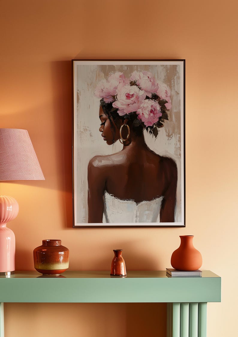 Black Woman Wall Art Print | Floral Portrait Poster | Pink Peony Crown Painting | Feminine Neutral Decor | Modern Afrocentric Home Art image 7