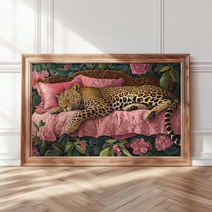 May include: A painting depicting a leopard sleeping on a pink and white floral patterned chaise longue. The leopard is brown with black spots and is lying on its side with its head resting on a pink cushion. The chaise longue is surrounded by lush green foliage and pink flowers.