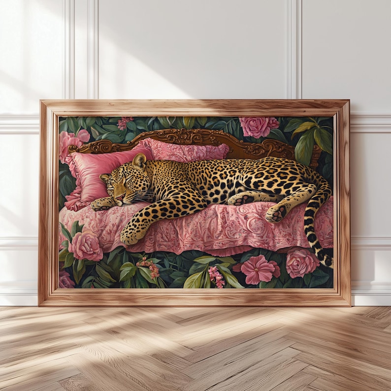 May include: A painting depicting a leopard sleeping on a pink and white floral patterned chaise longue. The leopard is brown with black spots and is lying on its side with its head resting on a pink cushion. The chaise longue is surrounded by lush green foliage and pink flowers.