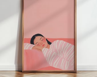 Flicka som sover, rosa sovrumsväggkonst, skönhetssömnposter, feminin mysig sovrumsdekor, estetisk digital nedladdning 42