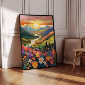 Vibrant Mountain Meadow Landscape Print, Wildflower Landscape, Illustration Print, Colorful Abstract Art, Scenery Art, Printable Art, AC96