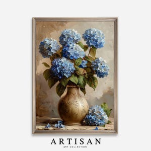 oeuvre d'art murale vintage hortensia bleu, nature morte florale, affiche de fleurs, impression d'hortensias antique, décoration Cottagecore, oeuvre d'art imprimable, C15
