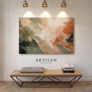 May include: A rectangular canvas painting featuring thick, textured brushstrokes in shades of sage green, burnt orange, cream, and dark charcoal. The artwork displays an abstract composition with blended colours and visible paint layers.