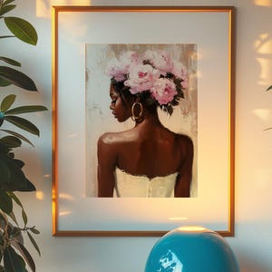 Black Woman Wall Art Print | Floral Portrait Poster | Pink Peony Crown Painting | Feminine Neutral Decor | Modern Afrocentric Home Art image 8