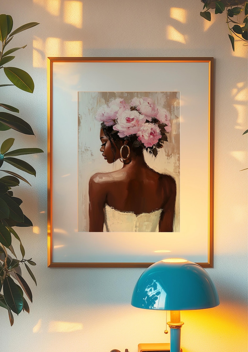 Black Woman Wall Art Print | Floral Portrait Poster | Pink Peony Crown Painting | Feminine Neutral Decor | Modern Afrocentric Home Art image 8