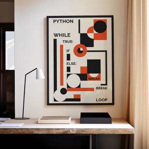 Puede incluir: Un p&oacute;ster enmarcado con borde negro muestra un dise&ntilde;o geom&eacute;trico en negro, blanco y naranja. El texto "PYTHON WHILE TRUE: IF ELSE: BREAK LOOP" est&aacute; impreso en el p&oacute;ster. Una l&aacute;mpara de escritorio negra y dos cajas est&aacute;n sobre un escritorio de madera.