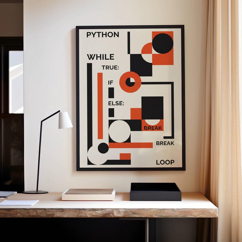 Puede incluir: Un p&oacute;ster enmarcado con borde negro muestra un dise&ntilde;o geom&eacute;trico en negro, blanco y naranja. El texto "PYTHON WHILE TRUE: IF ELSE: BREAK LOOP" est&aacute; impreso en el p&oacute;ster. Una l&aacute;mpara de escritorio negra y dos cajas est&aacute;n sobre un escritorio de madera.
