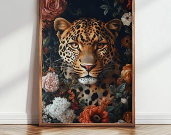 Floral Leopard Art Print: Vintage Jungle Design (Digital Download)