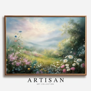 Vintage Landscape Painting, Wildflower Landscape Art, Oil Painting, Floral Art, Farmhouse Painting, Spring Wall Art, Printable Art, 283