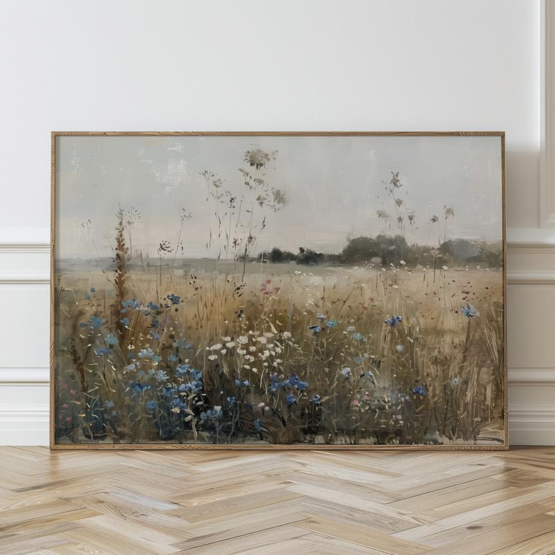 Wildflower Field Landscape Oil Painting, Vintage Landscape Print ...