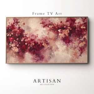May include: Abstract floral art print in a gold frame. The artwork showcases a mix of burgundy, pink, and cream hues, producing a soft, painterly style. The text "Frame TV Art" is at the top, and "ARTISAN ART COLLECTION" is at the bottom.