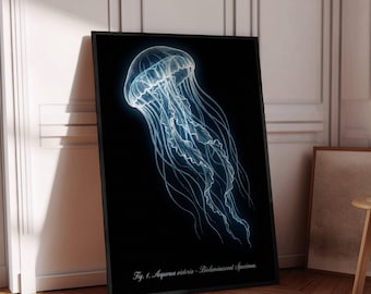 Dark Coastal Wall Art, Bioluminescent Jellyfish Print, Moody Ocean Decor, Navy Blue Bathroom Art, Sea Witch Aesthetic, Deep Sea Print 189