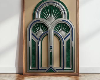 Neo Deco Chrome Wall Art, 2026 Art Deco Revival, Silver and Emerald Geometric Print, Modern Luxury Living Room Decor, Abstract Arch Poster