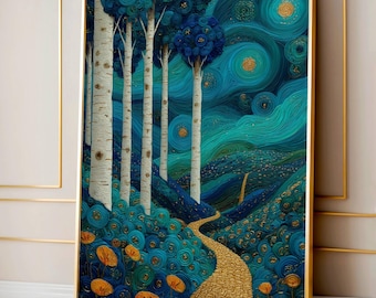 Gustav Klimt landskapsväggkonst, abstrakt poster, Gustav Klimt målning, Japankonst, trendig väggkonst, skogsväggkonst, vardagsrumsinredning
