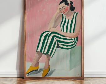 Quadro "Mulher Dormindo": Arte de Parede Matisse, Pintura Abstrata Rosa, Arte Moderna Minimalista com Listras Verdes, Decoração Moderna para Casa (Download Digital)