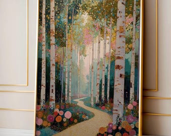 Gustav Klimt landskapsväggkonst, abstrakt poster, Gustav Klimt målning, färgglatt tryck, neutral konst, skogsväggkonst, vardagsrumsinredning